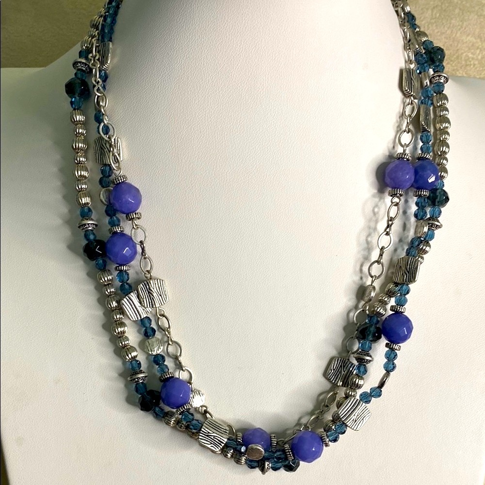 10/$10 Three strand  Silver and Purple glass Beaded Necklace
